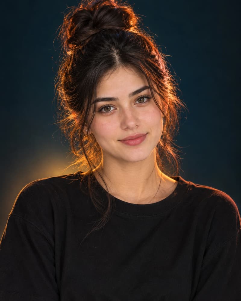 Young woman with dark hair in a messy top bun wearing a black sweatshirt, warm golden rim light glowing around her hair against a dark teal studio backdrop
