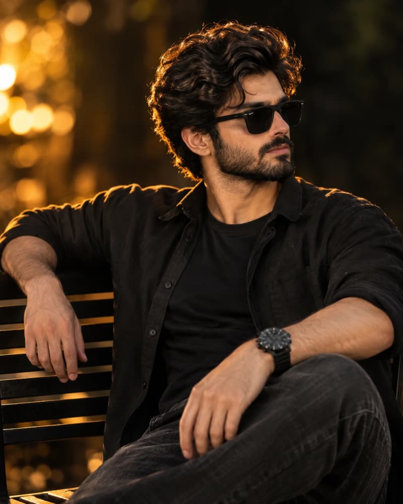 Handsome young man with curly hair and a trimmed beard wearing an all black outfit and sunglasses, sitting relaxed on a park bench with golden bokeh behind him
