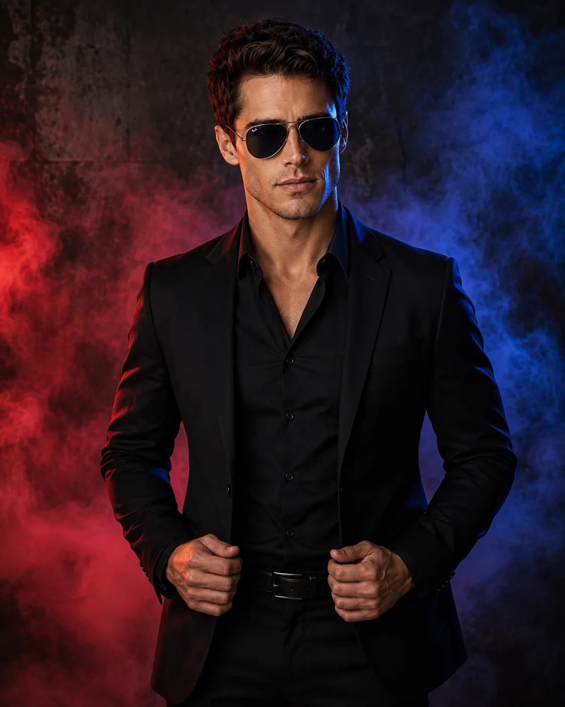 Red and Blue Smoke Men’s Fashion Portrait AI Prompt