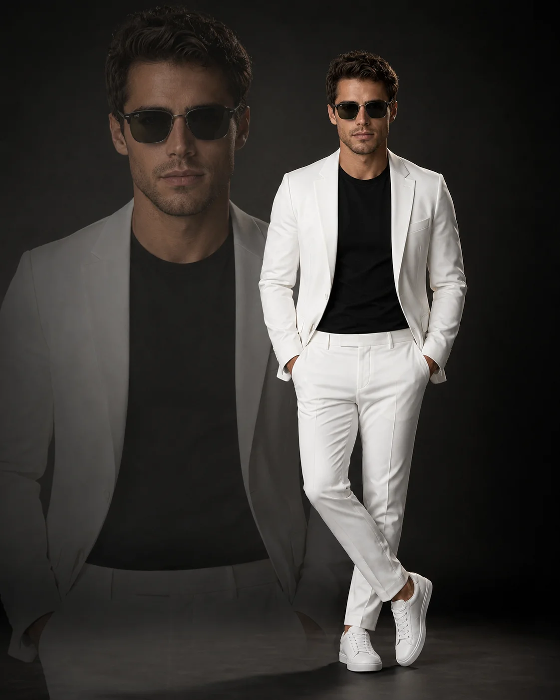 White Blazer Double Portrait Men’s Fashion AI Prompt