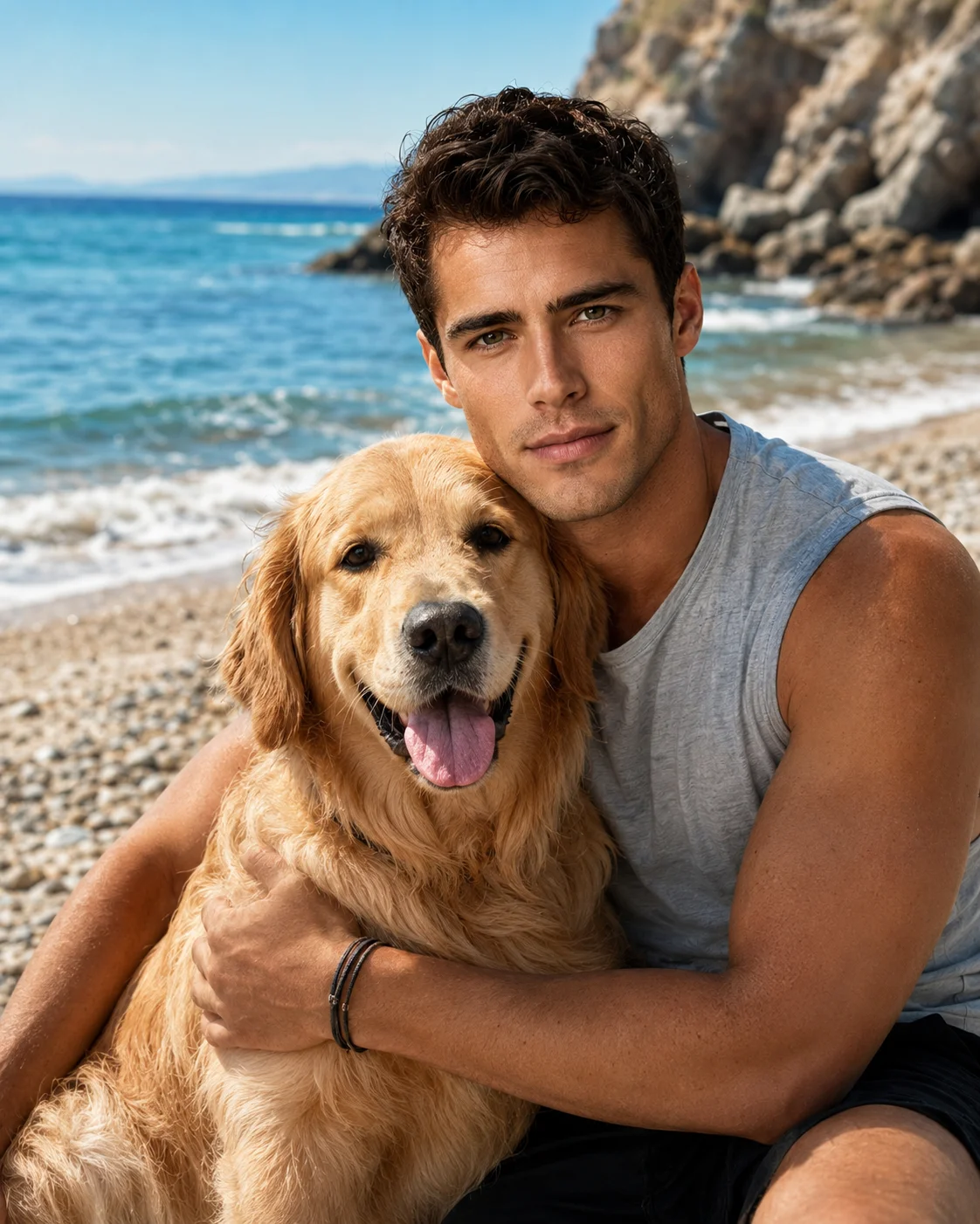 Premium Beach Portrait with Golden Retriever AI Prompt