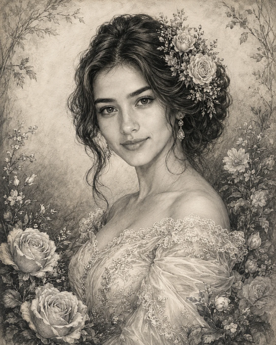 Vintage Black-and-White Floral Portrait Art Prompt AI generated prompt preview