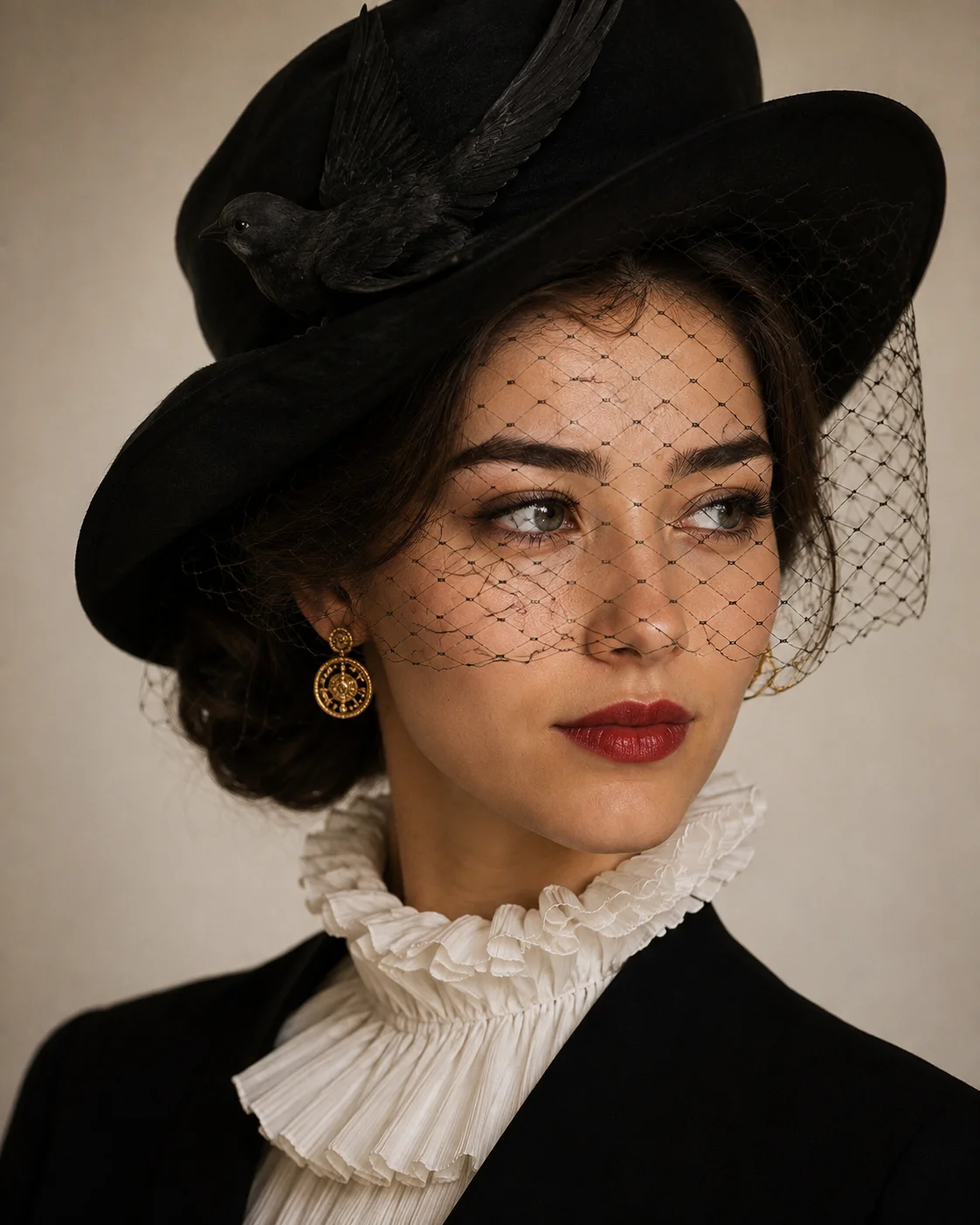 Vintage Couture Portrait with Black Veil and Hat AI generated prompt preview