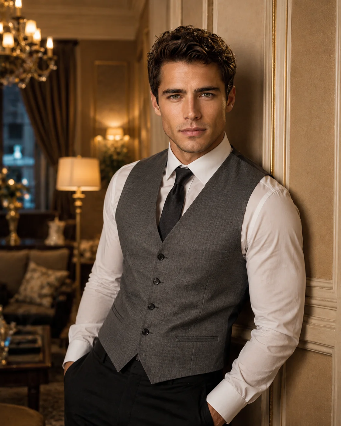 Luxury Men's Fashion Portrait in Warm Hotel Interior