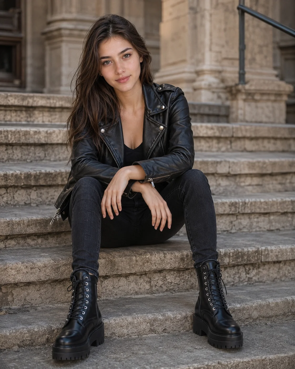 Realistic Black Leather Fashion Portrait on Stone Stairs AI generated prompt preview