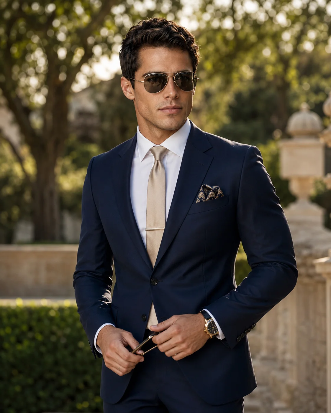 Premium Navy Suit Garden Editorial Portrait Prompt