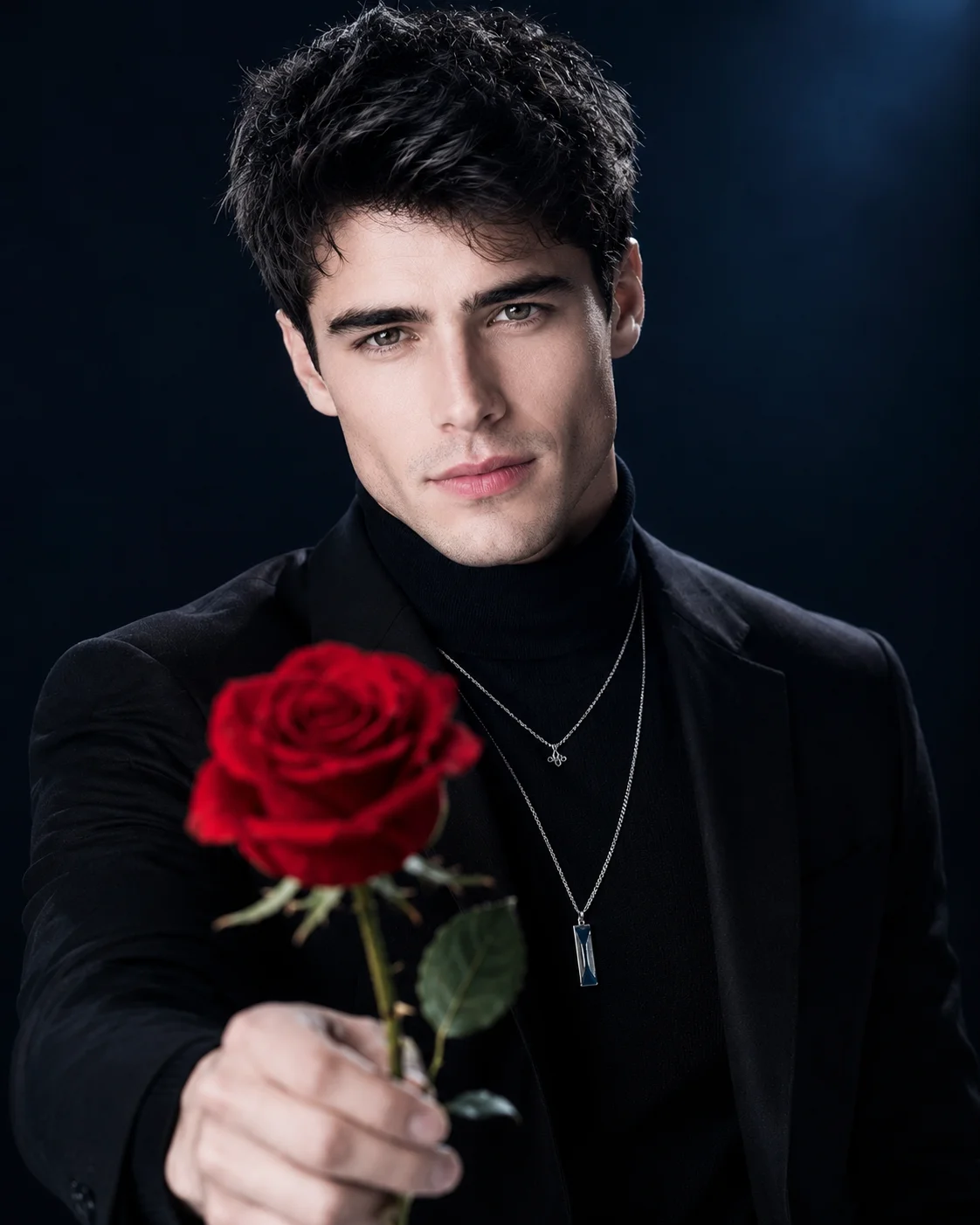 Cinematic Black Fashion Portrait with Red Rose