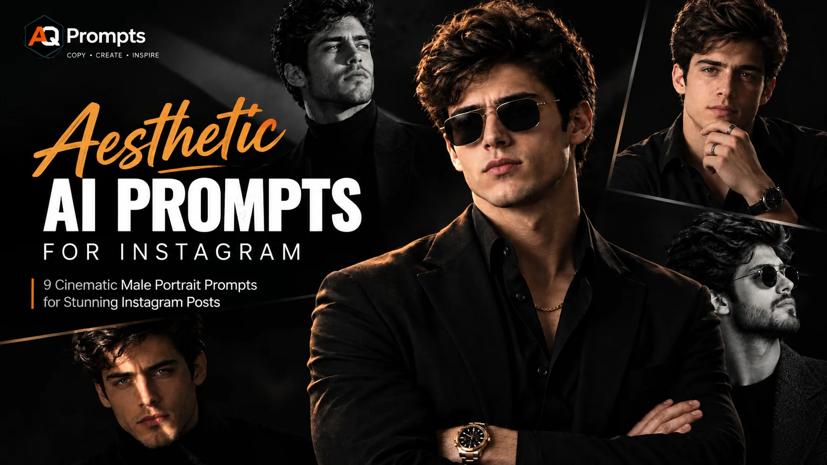 Aesthetic AI prompts for Instagram featuring a dramatic male studio portrait with cinematic lighting