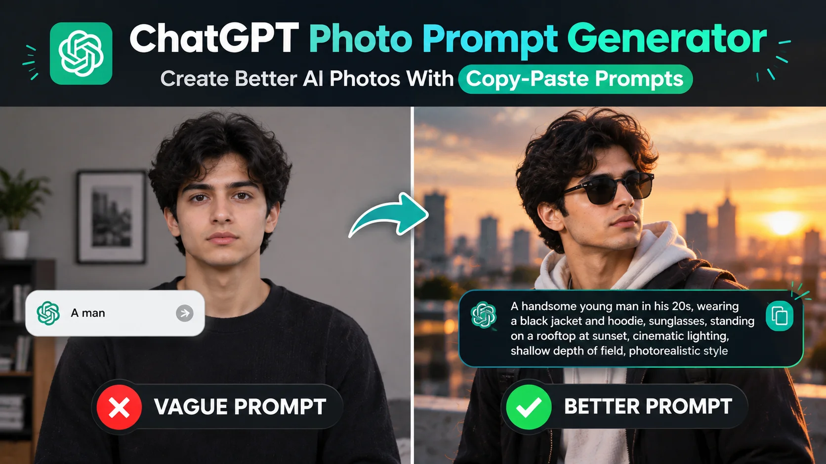 ChatGPT photo prompt generator showing a vague prompt versus a detailed AI photo prompt