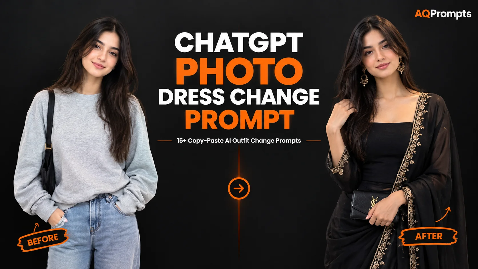 ChatGPT photo dress change prompt showing an AI outfit change from casual to elegant fashion