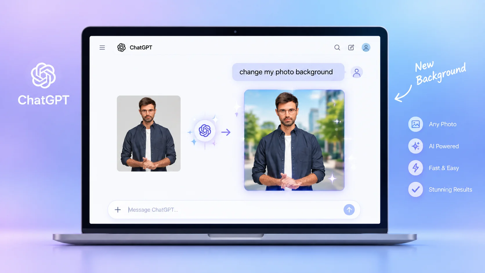 Change photo background with ChatGPT before and after comparison