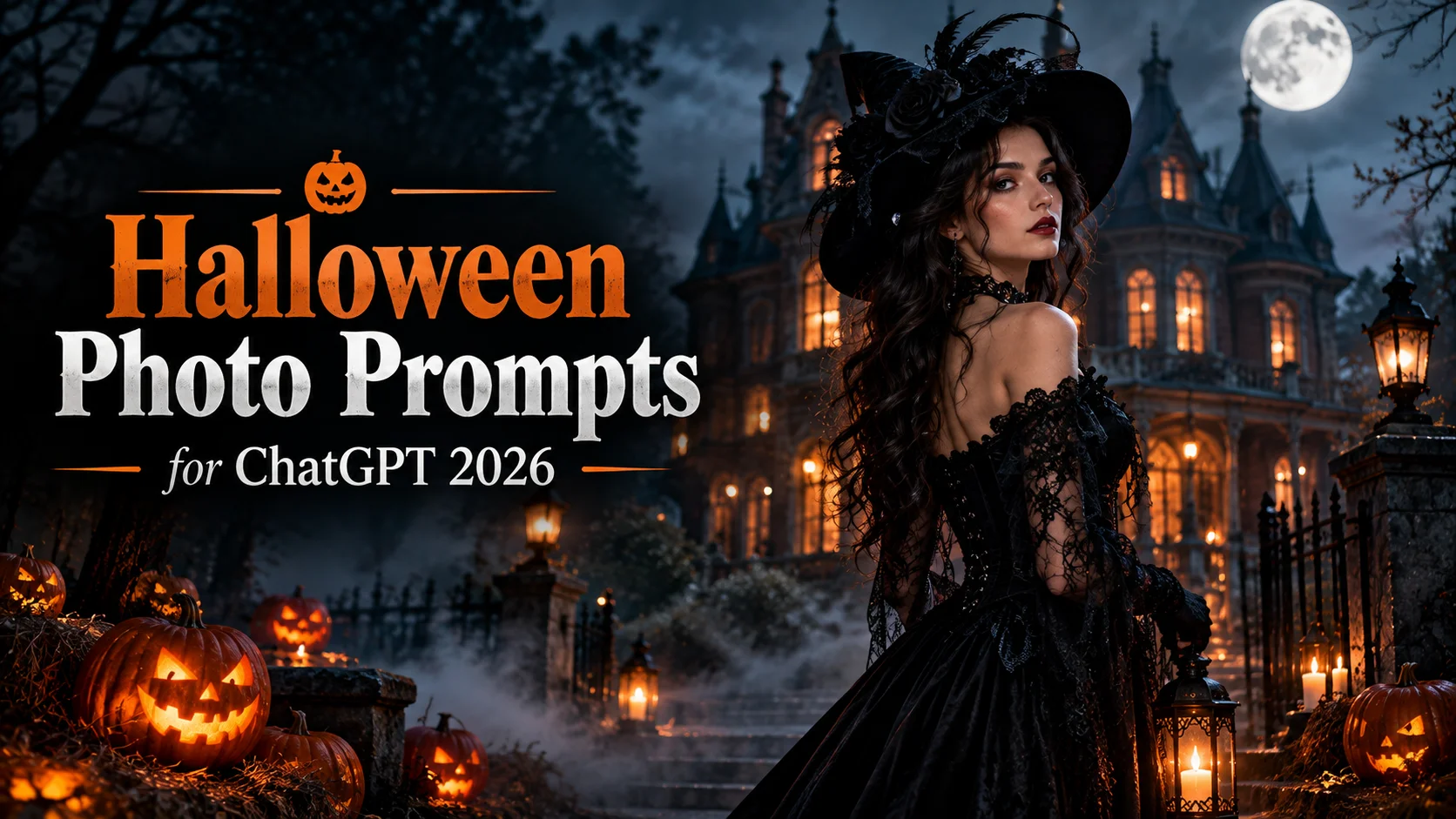 Cinematic Halloween scene with a gothic woman outside a Victorian mansion, moonlight, fog, glowing pumpkins, and text reading "Halloween Photo Prompts for ChatGPT 2026