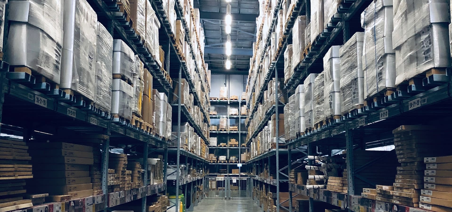 Warehouse shelves stocked with e-commerce inventory