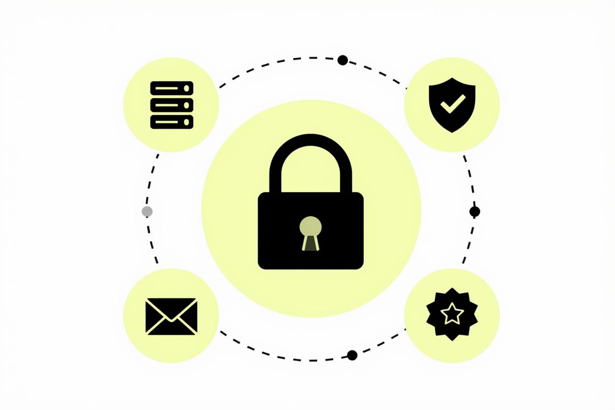 Candado central conectado a iconos de servidores UE, RGPD, correo cifrado y garantía. Confianza digital Escudo Privado.