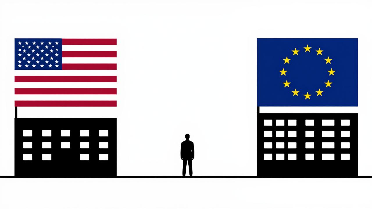 Silueta de persona entre dos edificios representando legislación dividida de brokers USA y brokers EU con bandera europea y americana
