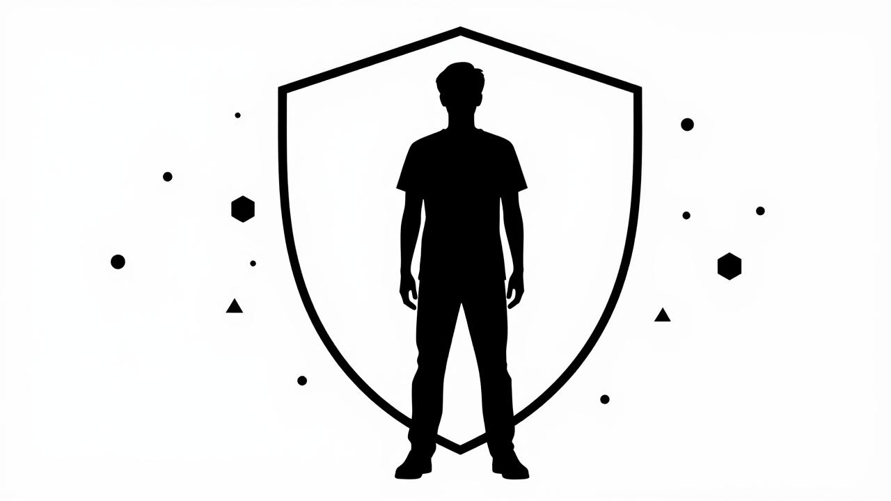 Silueta de persona protegida por escudo digital contra rastreo online de huella digital y datos personales