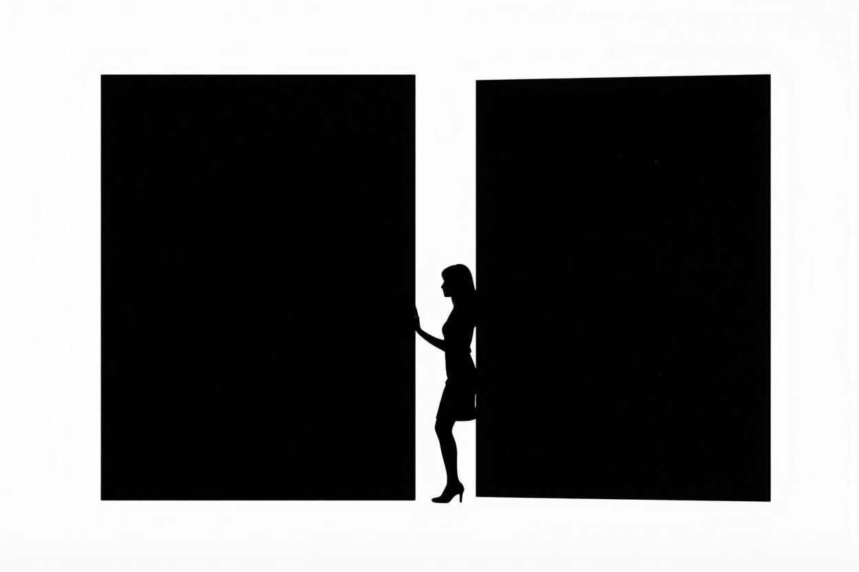 Mujer mirando a través de grieta entre dos rectángulos. Doxxing político
