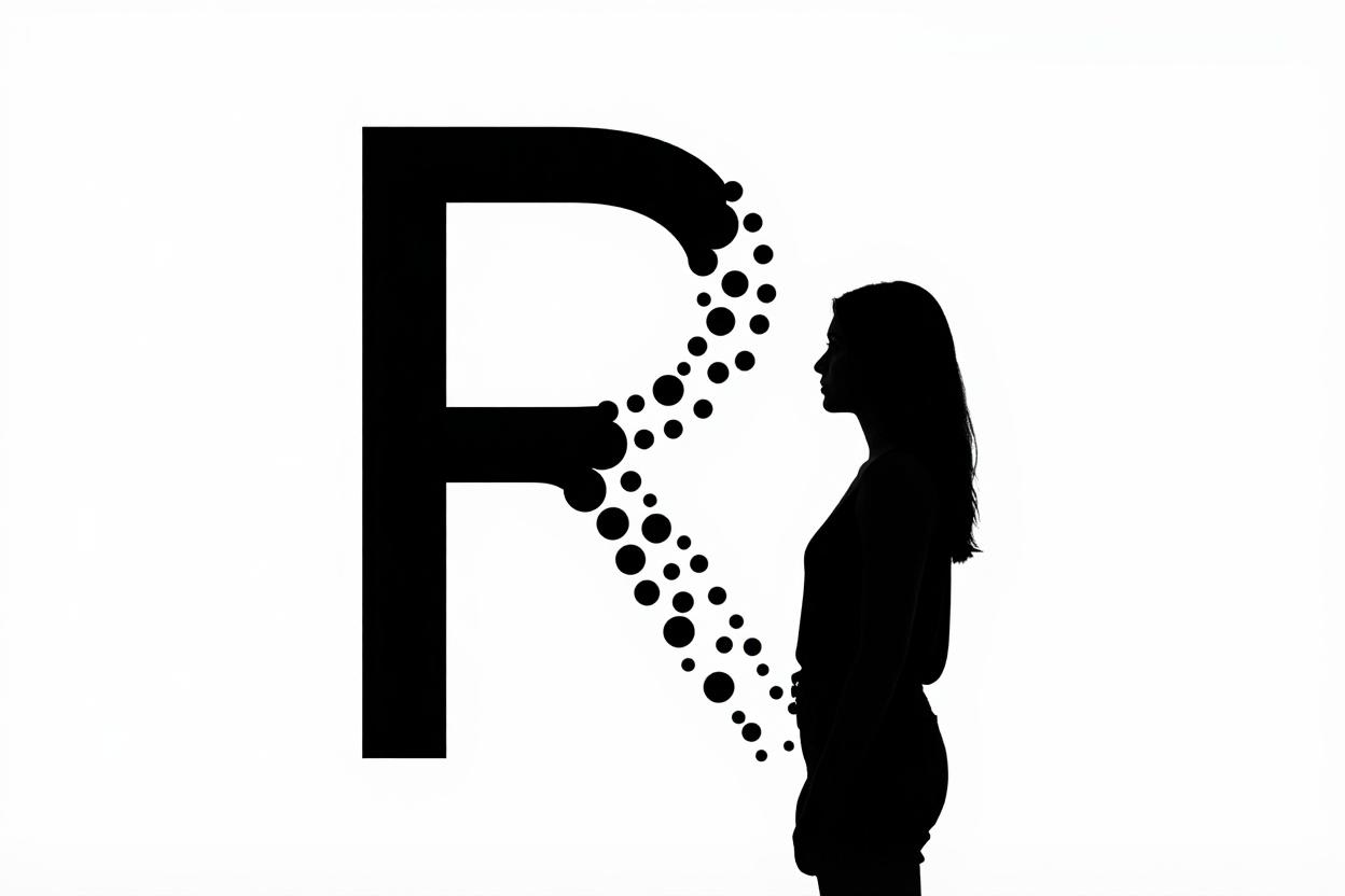 Mujer observando una R geométrica formada por puntos negros representando datos filtrados de Revolut. Brecha de datos bancarios