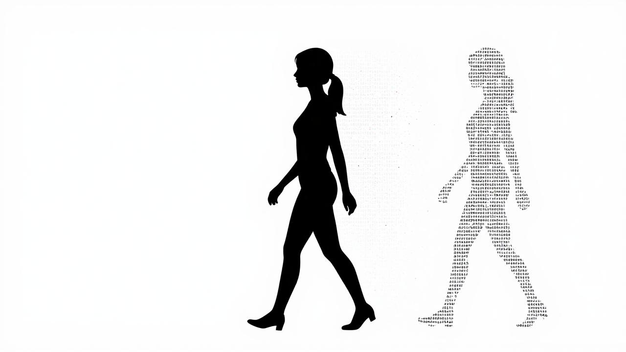Reducción de exposición digital ante doxxing a cargos públicos Silueta de mujer caminando dejando atrás rastro de puntos dispersos que desaparecen, metáfora de reducción de exposición digital y doxxing a cargos públicos