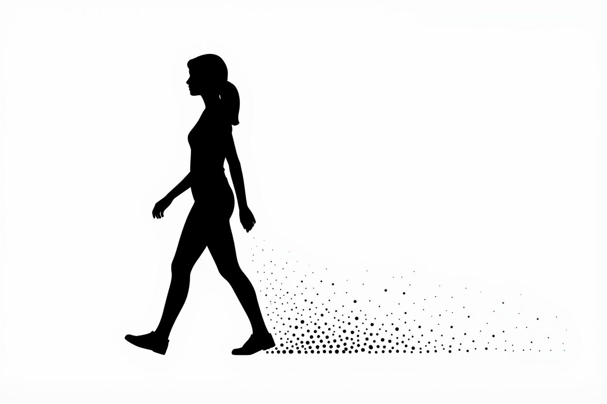 Silueta de mujer caminando dejando atrás su sombra de puntos que se disuelve, reducción del expediente digital y de la exposición