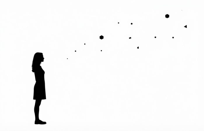 Mujer mirando 15 formas geométricas dispersas que representan exposición fragmentada de datos personales. Eliminar datos de brokers