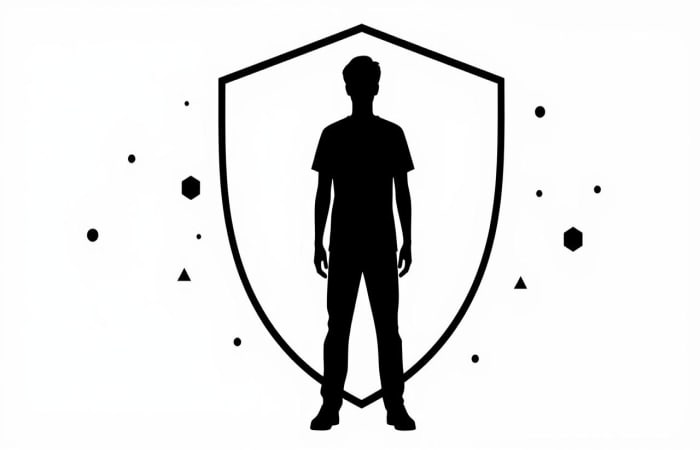 Silueta de persona protegida por escudo digital contra rastreo online de huella digital y datos personales