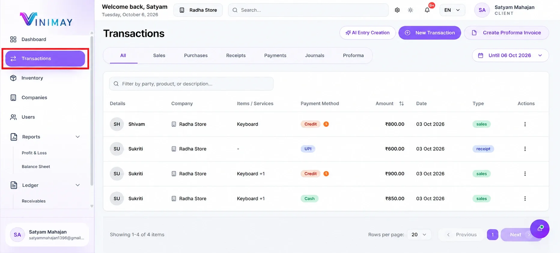 Vinimay Transactions Dashboard Interface
