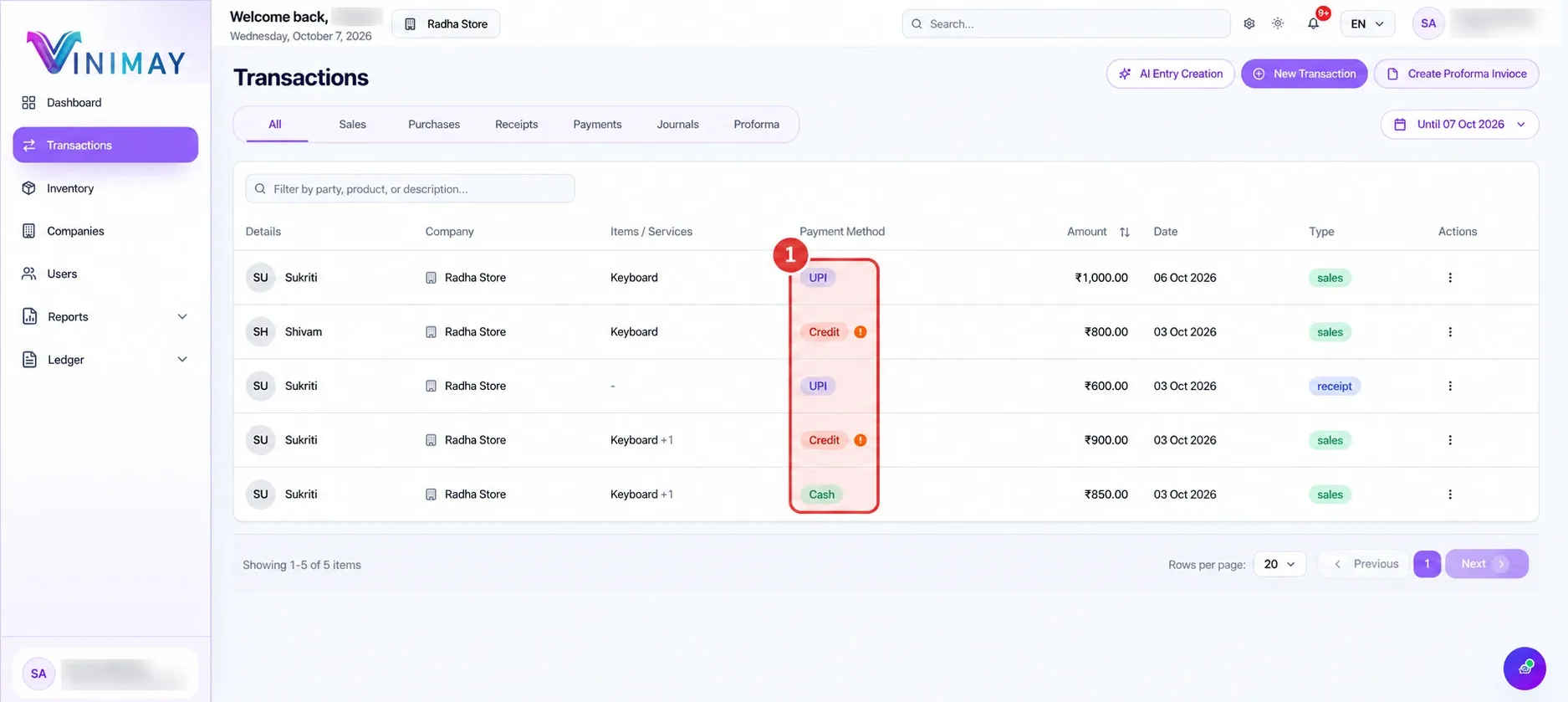 Modern VINIMAY Transactions Dashboard