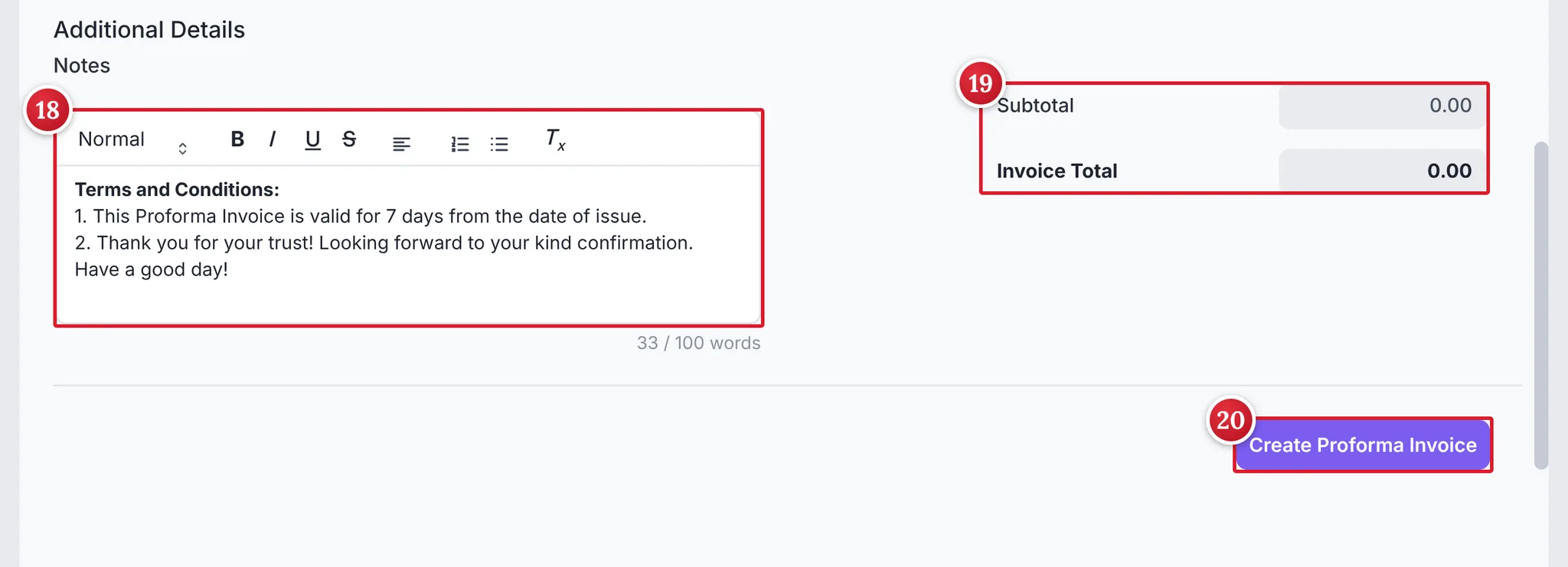 Check the notes and total, then create it