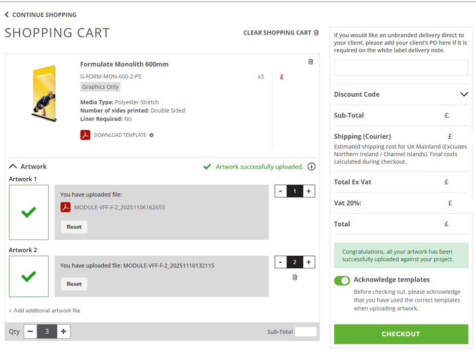 Example of multiple artwork uploads in the online checkout basket