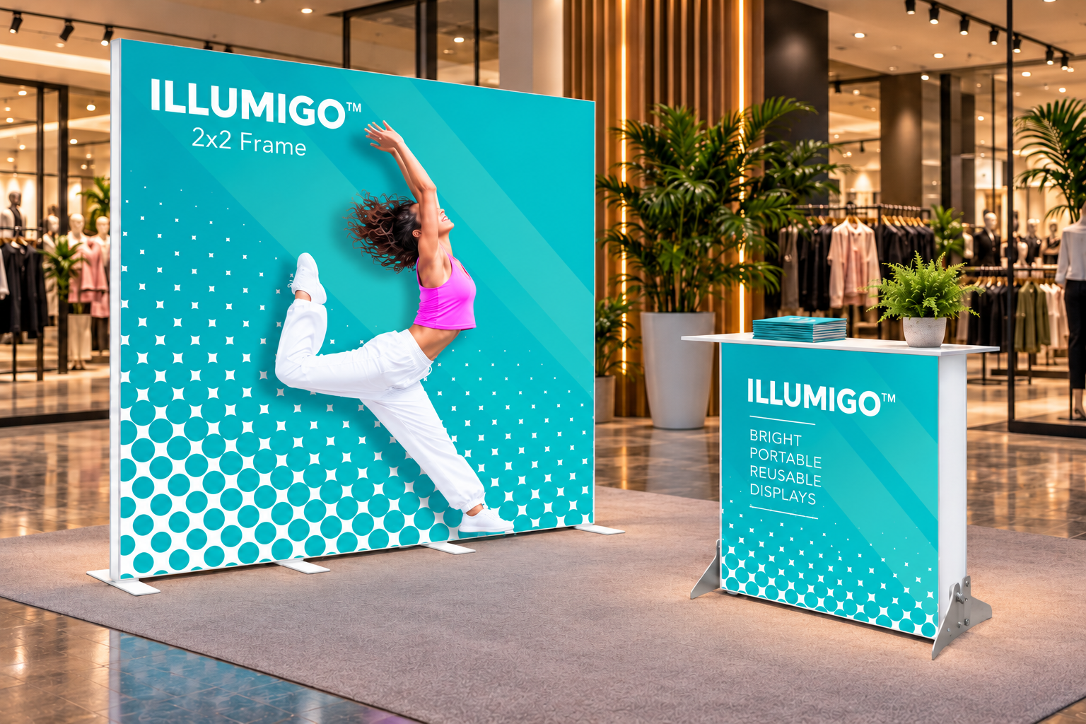 Illumigo illuminated 2×2 lightbox and branded counter in a retail pop-up setting