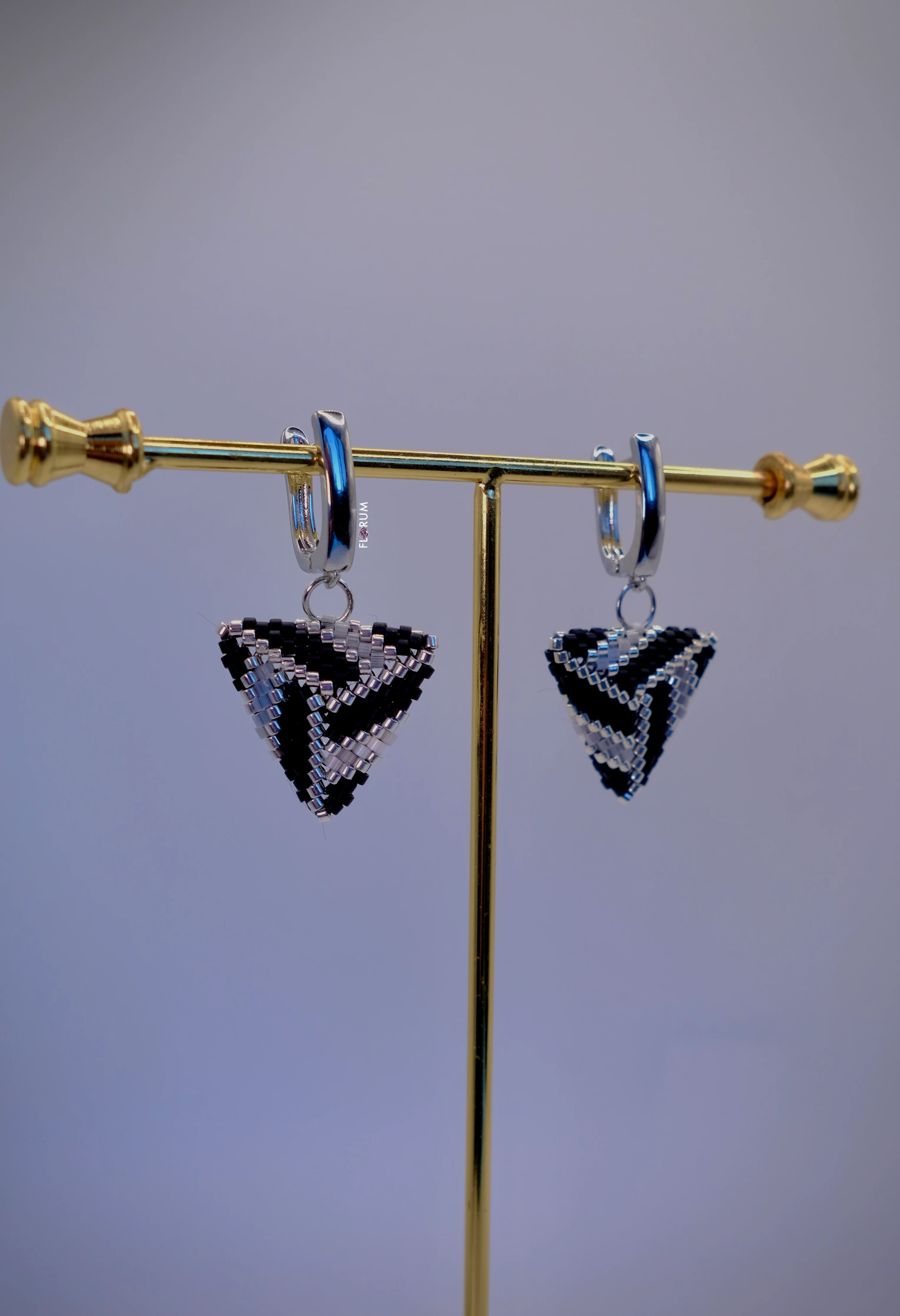 Black and Silver Geometric Beaded Earrings - Silver plated Florum Bouquet