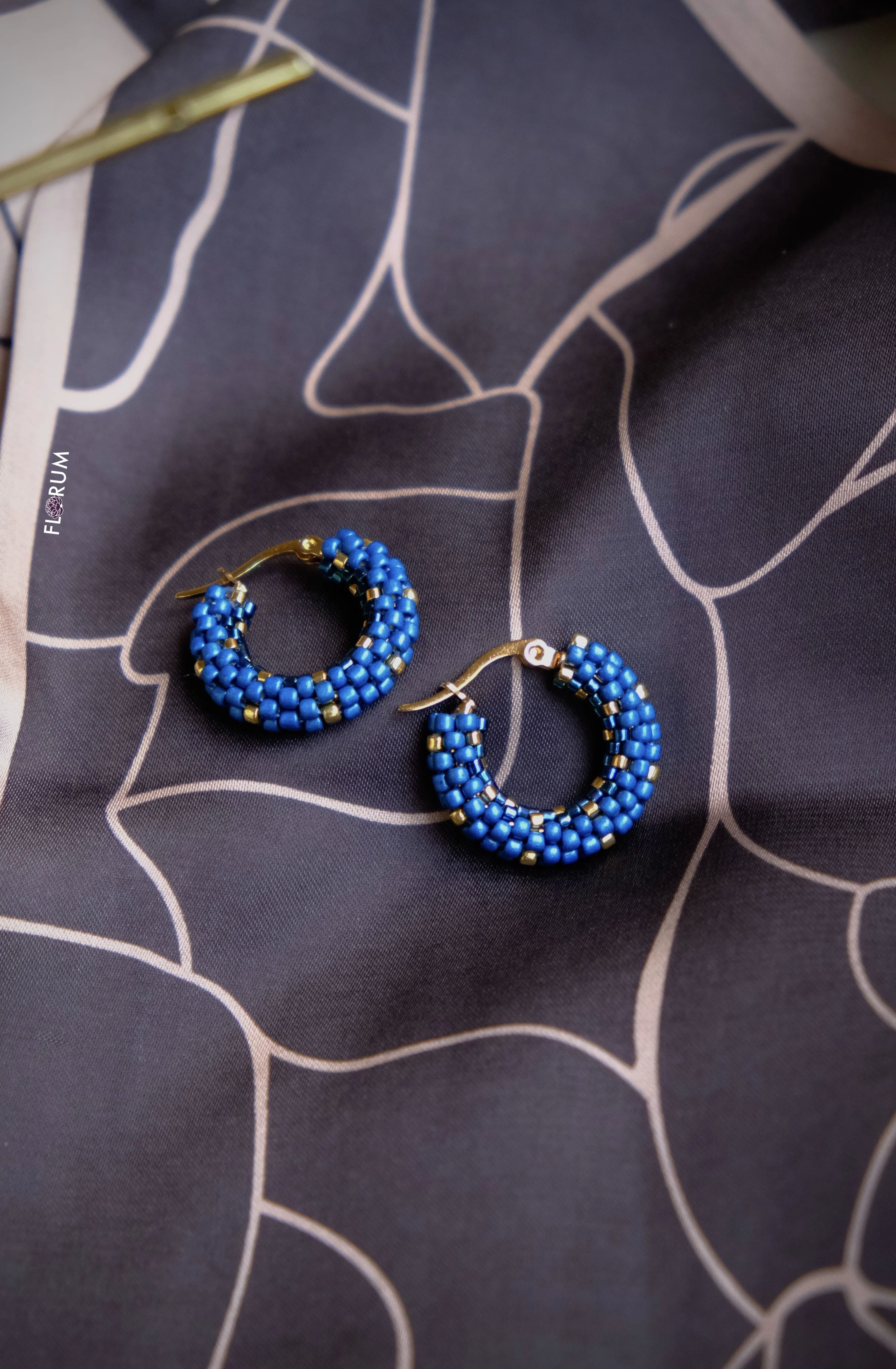 Blue and Gold Beaded Hoop Earrings