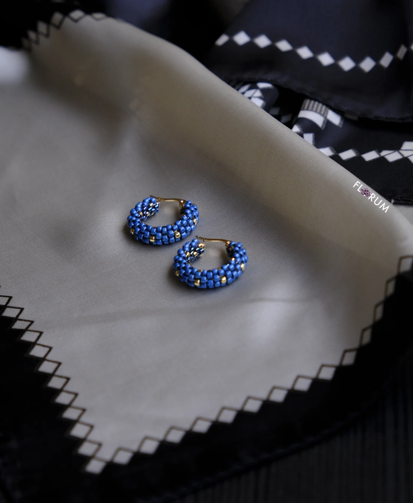 Blue and Gold Beaded Hoop Earrings