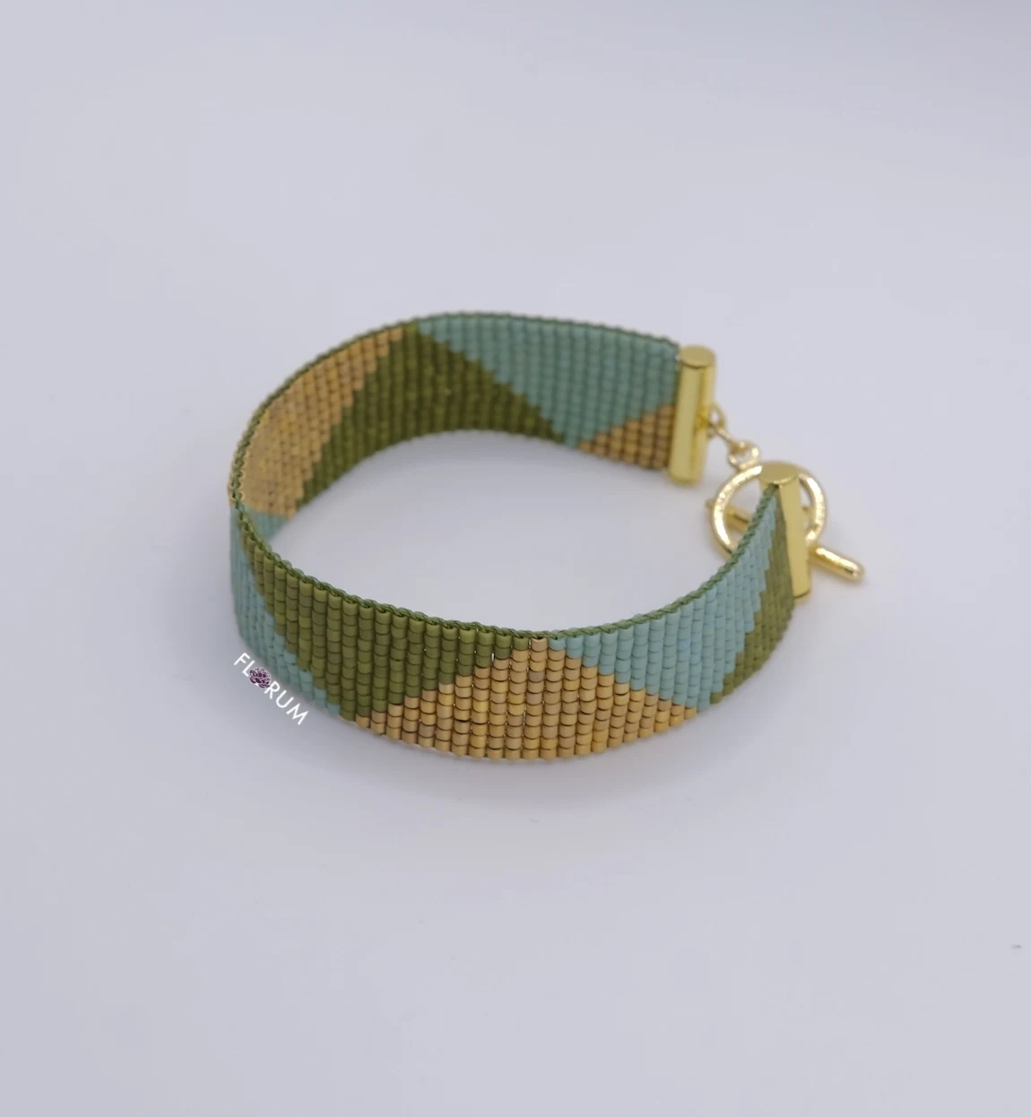 Green and Gold Matte Triangle Pattern Beaded Loom Bracelet