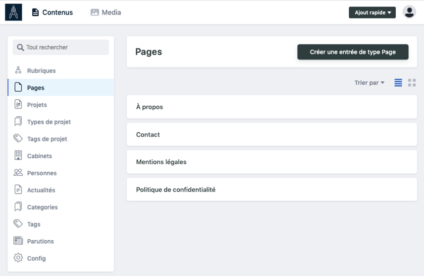 Capture d’écran de l’espace admin d’Architectify
