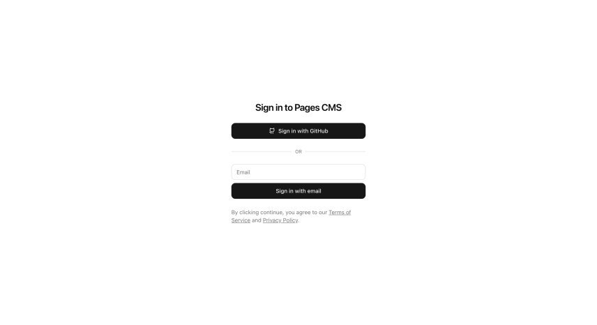 screenshot of Pages CMS app login page