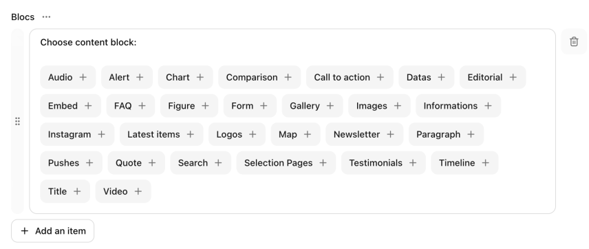 screenshot of Pages CMS app, blocks list