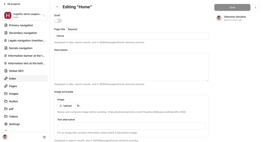 screenshot of Pages CMS app, edit page home