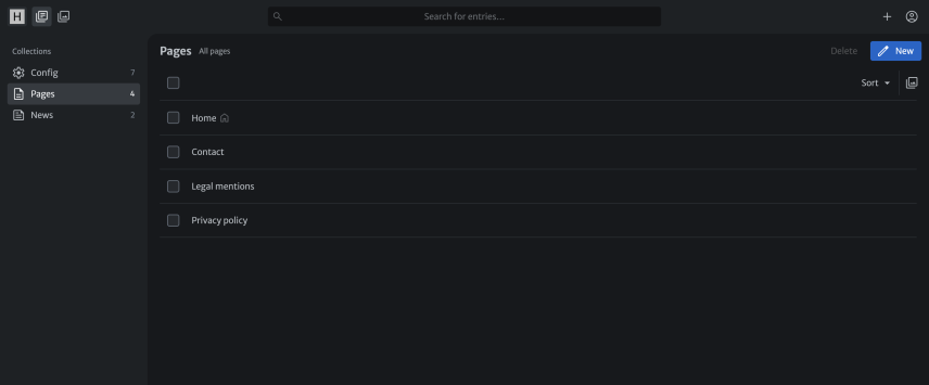 screenshot of Sveltia CMS, pages list
