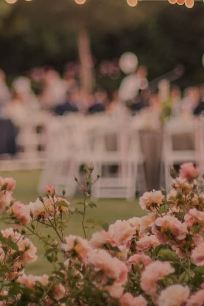 Image of a gathering of people at a wedding with flowers in the foreground
