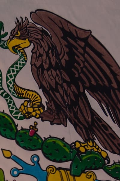 Image of Mexican flag. Green, white and red flag with an eagle holding a snake.