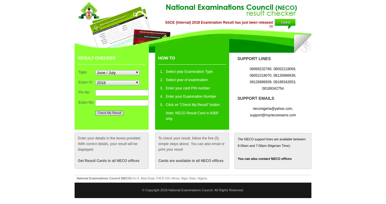 A Screenshot of the NECO Result Checker 2018 website