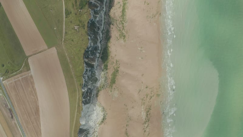 Cap Blanc-Nez Cliff from Aerial Overhead Top Down Birds View, turquoise Ocean and green Meadow