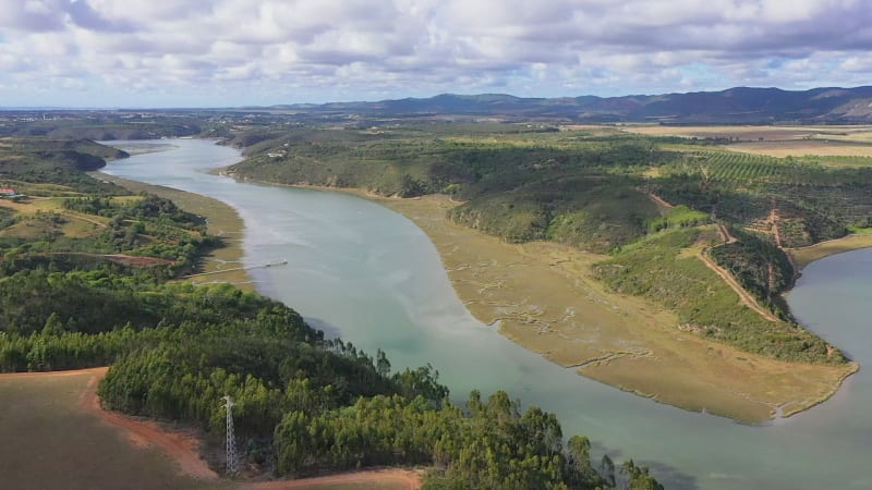 Aerial view natural landscape with Guadiana river, close to Herdade do Vau, Portugal.