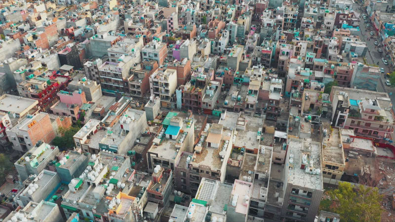 Aerial view of houses and buildings in Delhi.