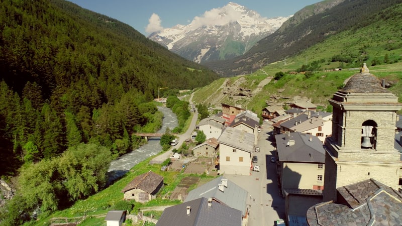 Aerial view of Lanslebourg village and snow peak mountain.