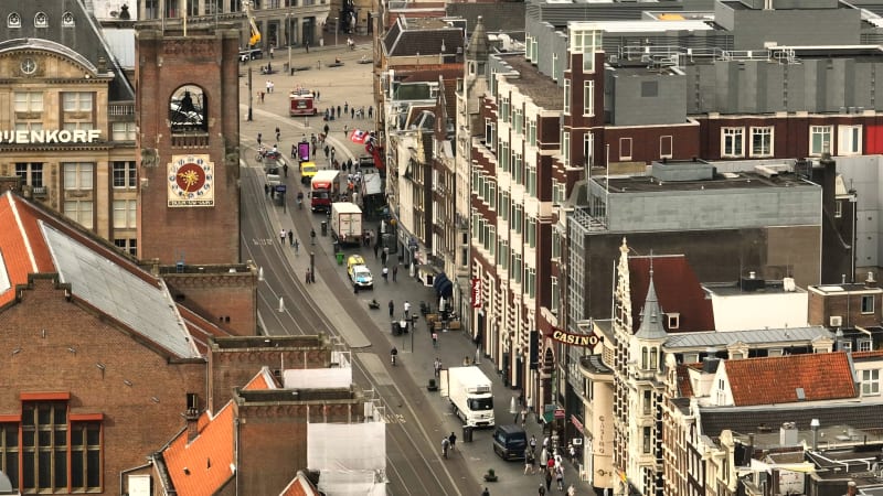 Overhead View of Damrak Street in Amsterdam's Central District