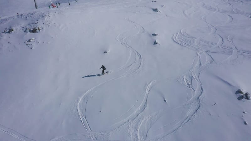 Aerial view of people skiing among the pine trees in Switzerland.