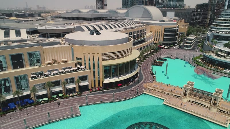 Aerial high-dynamic-range image of the Dubai fountain.